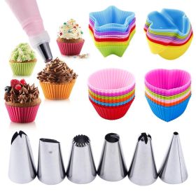 30PCS Silicone Cake Mold Baking Tools Set Baking Cups with Stainless Steel Cream Forcing Mounted Kit (Color: 24cups6kits)